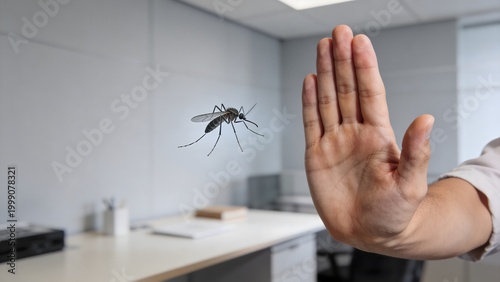 Human hand stopping mosquito symbol with chain health protection and disease prevention concept