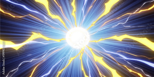 A bright summer sun and clouds shine in the blue sky, casting orange sunlight rays over a serene nature backdrop for a golden sunrise design