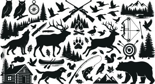 Outdoor hunting camping wildlife silhouette vector set