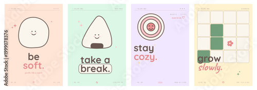 Cute pastel poster collection featuring kawaii food characters, soft typography and cozy motivational quotes. Minimal vector wall art designs for nursery decor, kids room, printable planner covers.