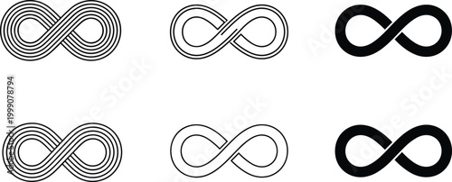 Infinity symbol icons set endless loop signs vector illustration black and outline mathematical eternity design elements collection