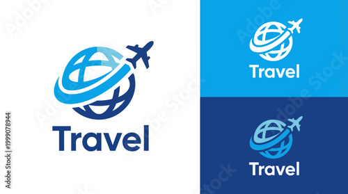 The travel logo displays a globe intertwined with an airplane, representing worldwide exploration and travel services, capturing the essence of adventure and connectivity.