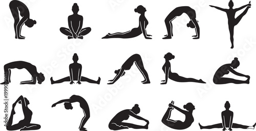 Yoga Flexibility and Deep Stretching Poses Vector Silhouette Icon Set.