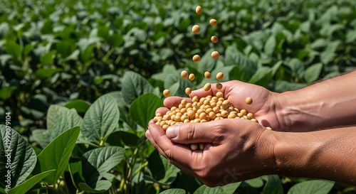 Farmer holding fresh raw soybeans in hands over a green field