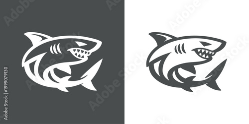 Logotipo con dibujo minimalista con líneas de un tiburón enojado con la boca abierta enseñando los colmillos, en versión con fondo gris y sin fondo