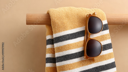 Striped towel with sunglasses on wooden rack