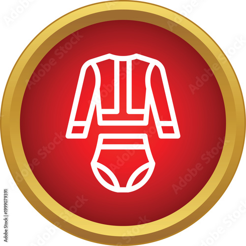 Rash guard and swim briefs in a golden circle with red background