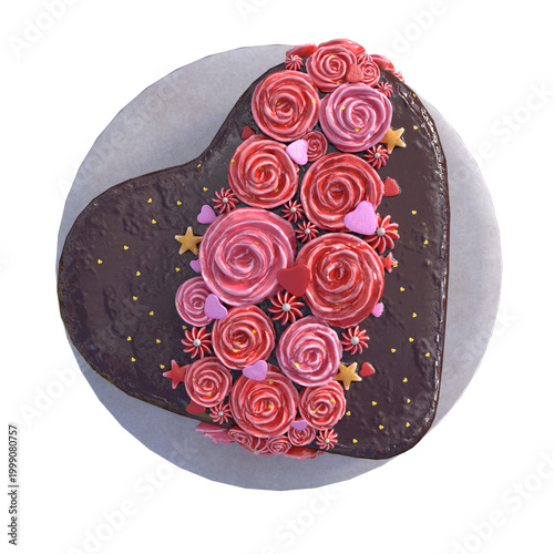 Chocolate heart cake with pink roses and stars on top