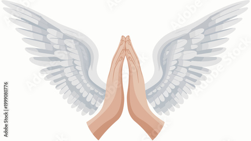 Praying hands with large white angel wings spread out