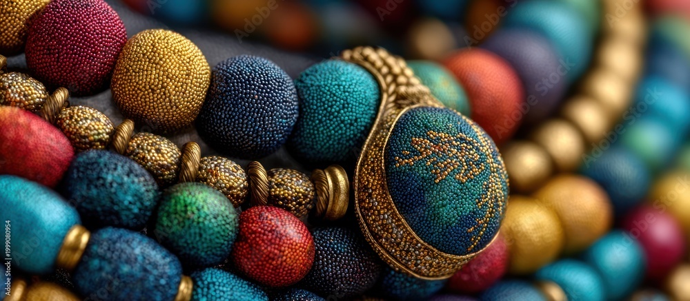 Fototapeta premium Colorful beaded necklaces with intricate details, close-up shot