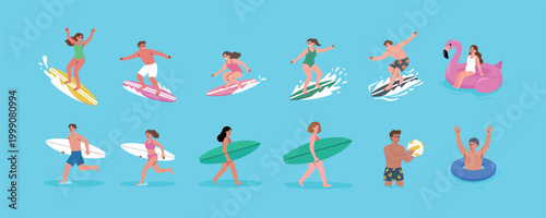Summer Beach Activities and Surfing Vector Character Set