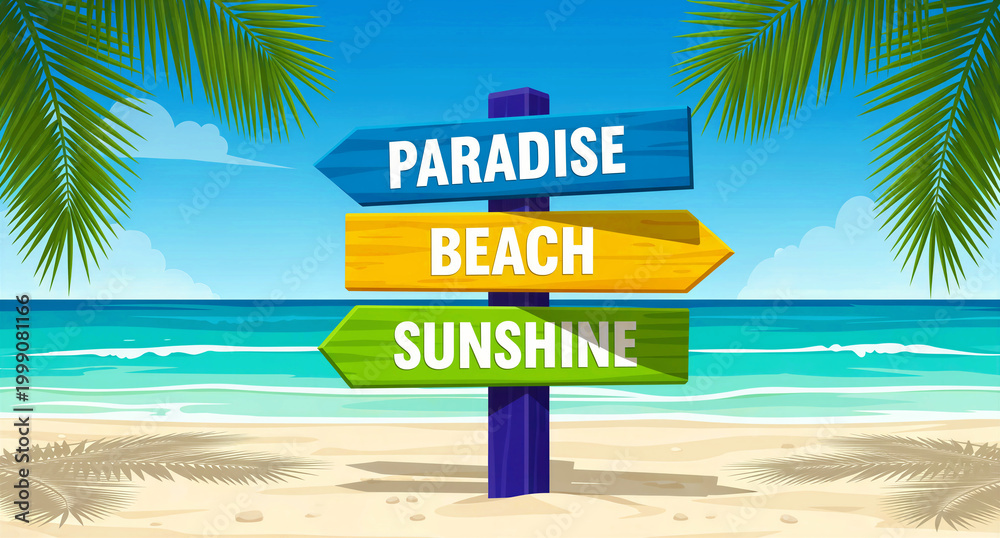 Obraz premium Colorful wooden signpost with paradise text on a tropical beach shore. Palm leaves frame a beautiful ocean view with blue sky and white sand. Summer travel concept for tourism marketing.