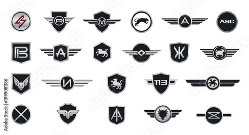 Collection of Various Black and White Emblems and Logos.