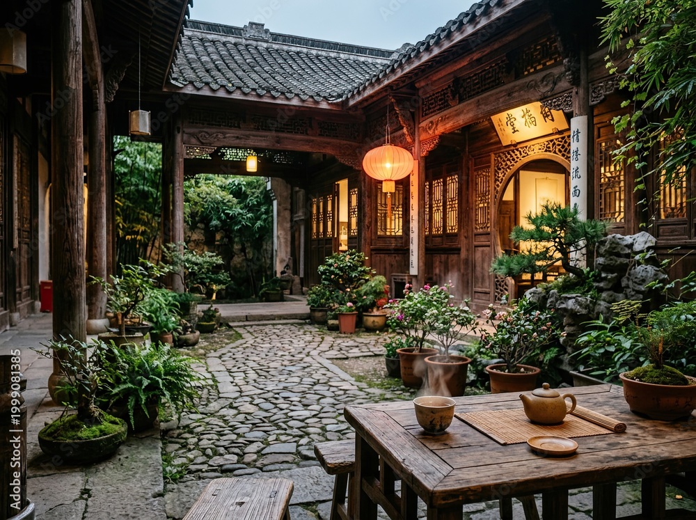 Fototapeta premium Traditional Chinese courtyard gardens with glowing lanterns and lush greenery in tranquil rainy atmosphere