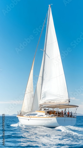 Luxurious yacht sailing on open sea in vertical panoramic view