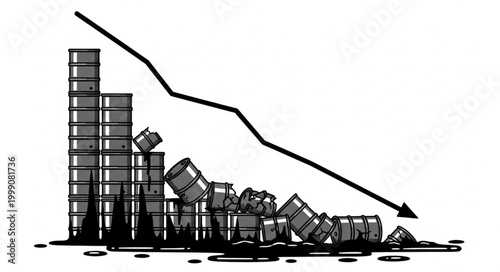 Oil barrels falling down with a downward trend graph.