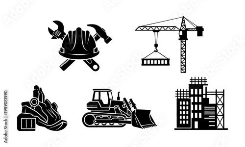 Construction icon set with heavy machinery and tools, black industrial vector illustrations, building site equipment and worker safety helmet symbols