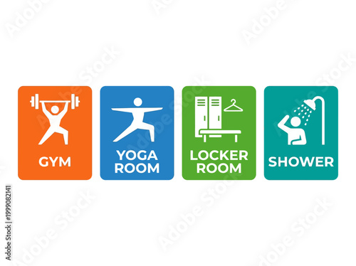Fitness center signage pack featuring gym, yoga room, locker room, and shower illustrations for health club.