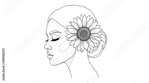 Continuous line drawing of a womans profile with a sunflower in her hair