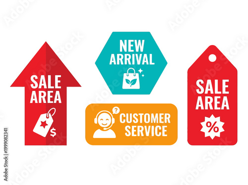Retail signs display sale area, new arrival, and customer service in a store.