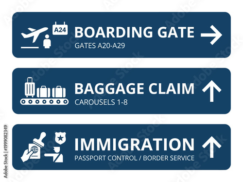 Airport signs direct passengers to boarding gate, baggage claim, and immigration areas.