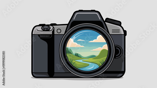 Camera lens reflecting scenic landscape illustration