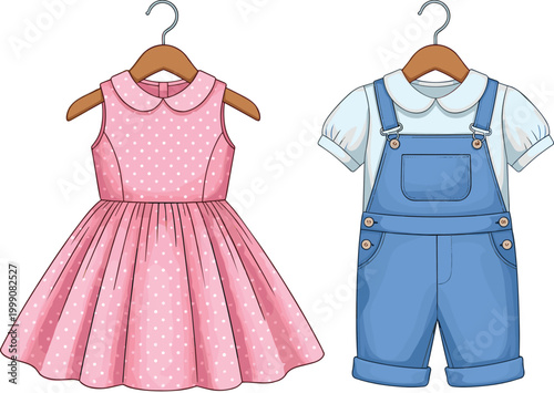 Kids clothing set pink dress and denim overalls vector illustration children fashion apparel outfit design isolated on white background