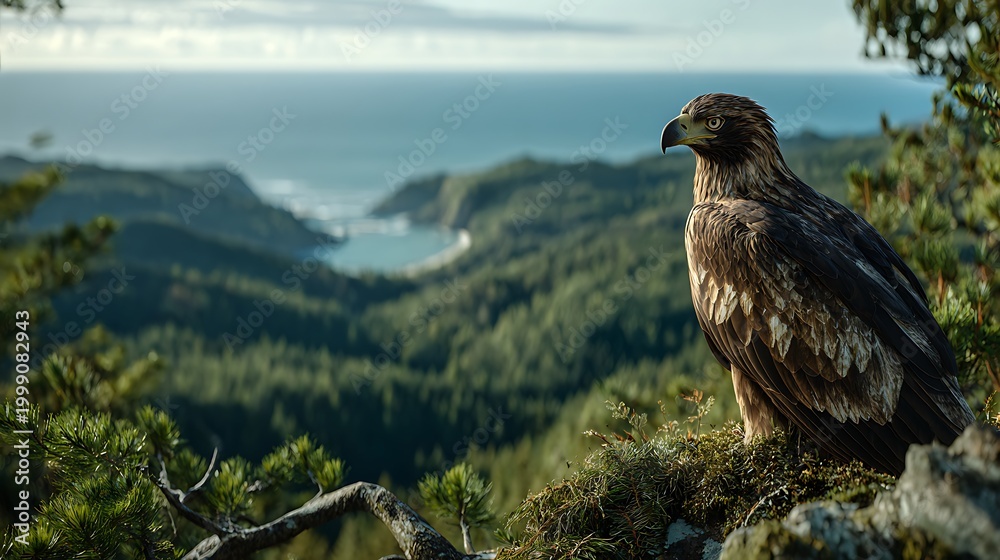 Fototapeta premium A brown eagle perches on a tree branch overlooking a scenic valley and ocean.