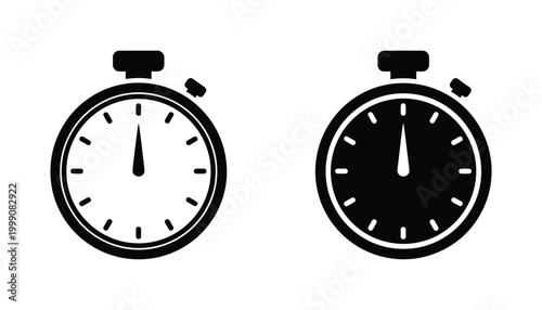 Stopwatch timer icon set representing time measurement and countdown in minimalist flat line and solid graphic style