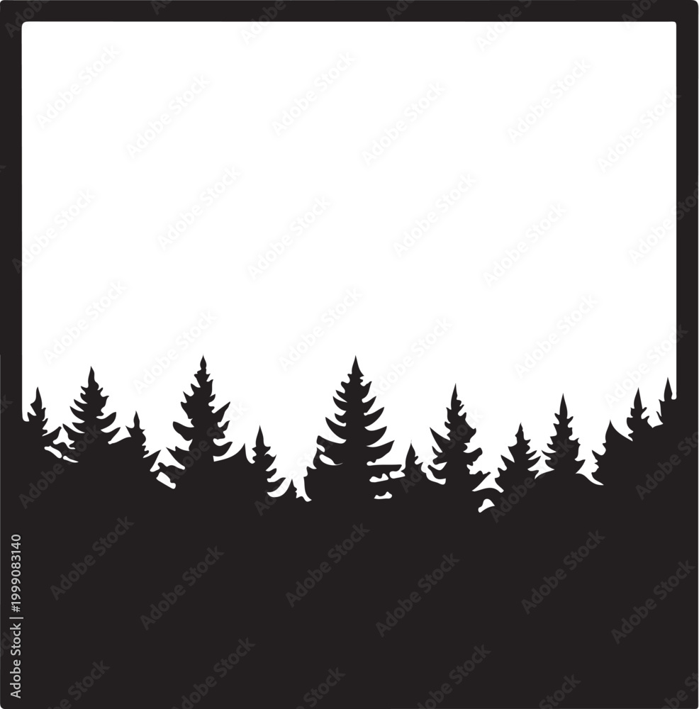 Fototapeta premium Pine tree forest silhouette, black landscape frame, nature border, evergreen trees
