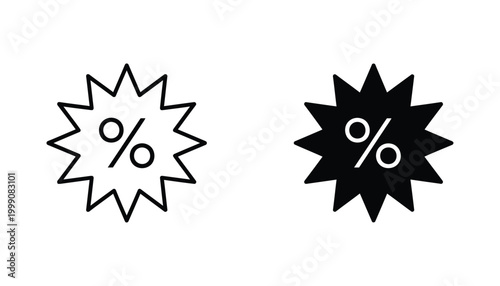 Discount percentage starburst tag icon set in outline and solid styles for e-commerce sales and promotional marketing campaigns in clean vector graphic format for web and mobile retail apps