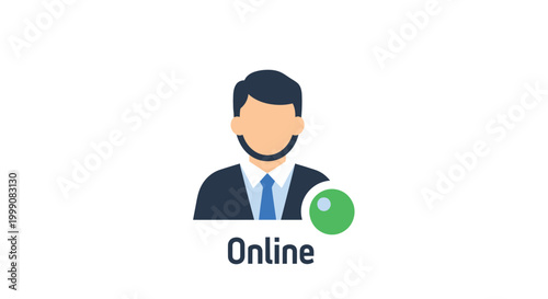 Professional businessman avatar icon with green status indicator symbolizing online presence connectivity and digital communication in a clean modern graphic design suitable