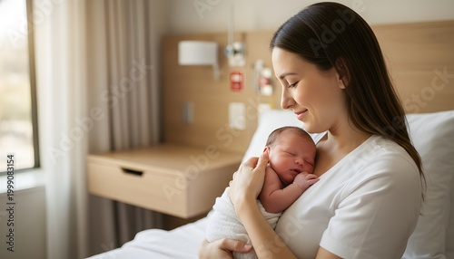 Happy mother holding newborn infant in hospital ward after labor, feeling joy and love for motherhood, maternity wellness, and postpartum care concept in bright clinical room
