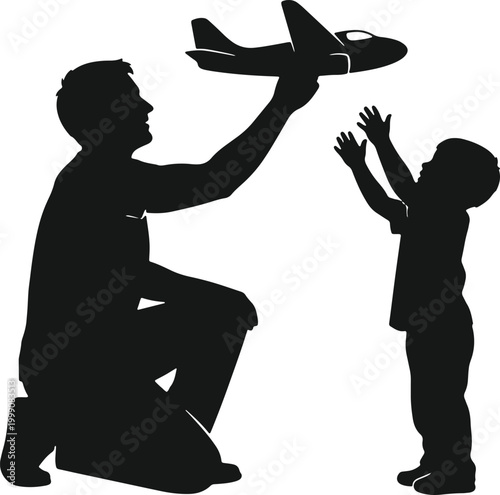 Father and son playing with airplane silhouette dad and child with toy airplane outdoors.