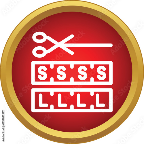 Scissors cutting clothing labels with size indications on a round red button