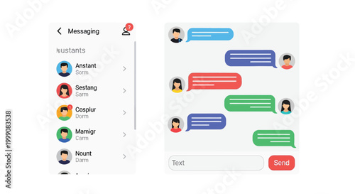 Modern digital messaging interface showcasing a contact list with user avatars and a chat conversation window with colorful speech bubbles representing online communication