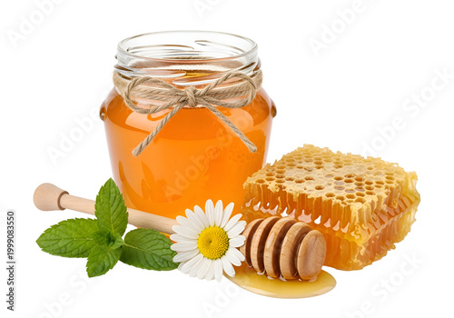 Golden Honey Jar, Honeycomb, Dipper, Mint, Daisy on white background , Isolated on Transparent Background, PNG, Generative AI 