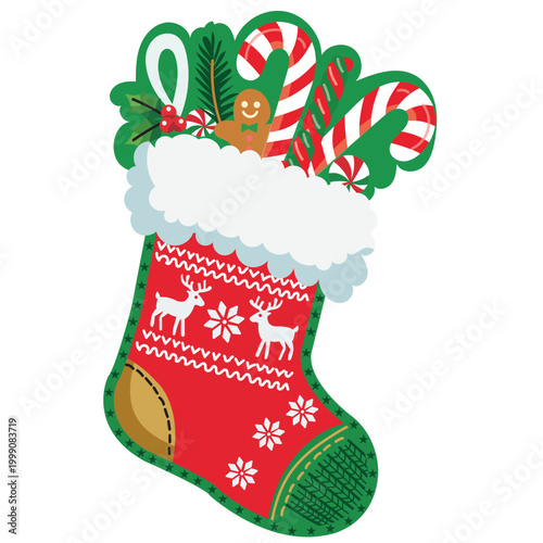 A flat vector illustration of a traditional red Christmas stocking filled with festive gifts like a gingerbread man, candy canes, fir branches, and berries isolated on a white background