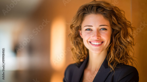 Confident young woman with curly hair smiles warmly wearing a blazer in a softly lit indoor setting with blurred background for professional portrait use