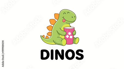 This adorable cartoon dinosaur happily drinks from a large cup, making it an appealing illustration perfect for children's products or playful projects.