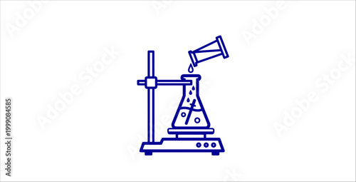 Laboratory chemistry experiment outline icons set. science lab, glass flask, test tube, liquid pouring, lab stand, heating plate, chemical reaction, research equipment