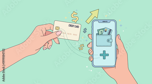 Minimalist vector illustration of adding a credit card to a mobile digital wallet on a smartphone on a green pastel background