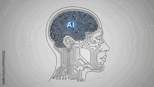 Conceptual illustration of Artificial Intelligence integrated into the human brain, symbolizing advanced technology and the future of digital consciousness and development