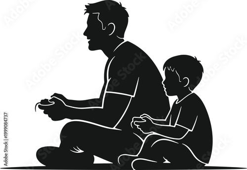 Father and son playing video games together spending quality time on hobby.