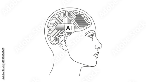 Abstract illustration of a human head containing intricate circuitry and the letters 'AI', embodying the concept of a digital brain and advanced artificial intelligence
