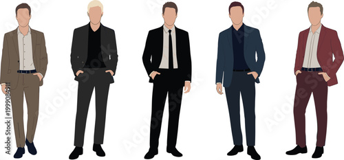 Set of professional men in elegant suits and formal business wear featuring faceless flat design style characters for corporate fashion branding and office lifestyle