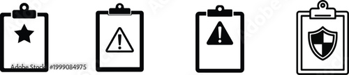 Clipboard icon set with star, warning alert, and security shield symbols, minimalist black vector silhouettes.
