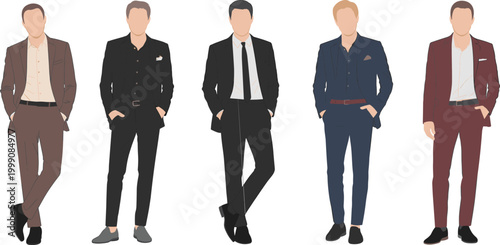 Set of professional men in elegant suits and formal business wear featuring faceless flat design style characters for corporate fashion branding and office lifestyle