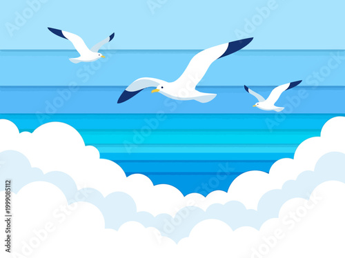 Minimalist Paper Cut Style Illustration of Seagulls Flying Over the Blue Sea with White Clouds Background