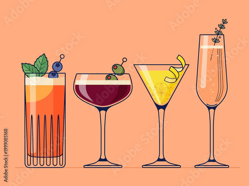 Minimalist Vector Illustration of Four Diverse Cocktails and Mixed Drinks for Bar Menus, Party Invitations, and Hospitality Branding on a Warm Background